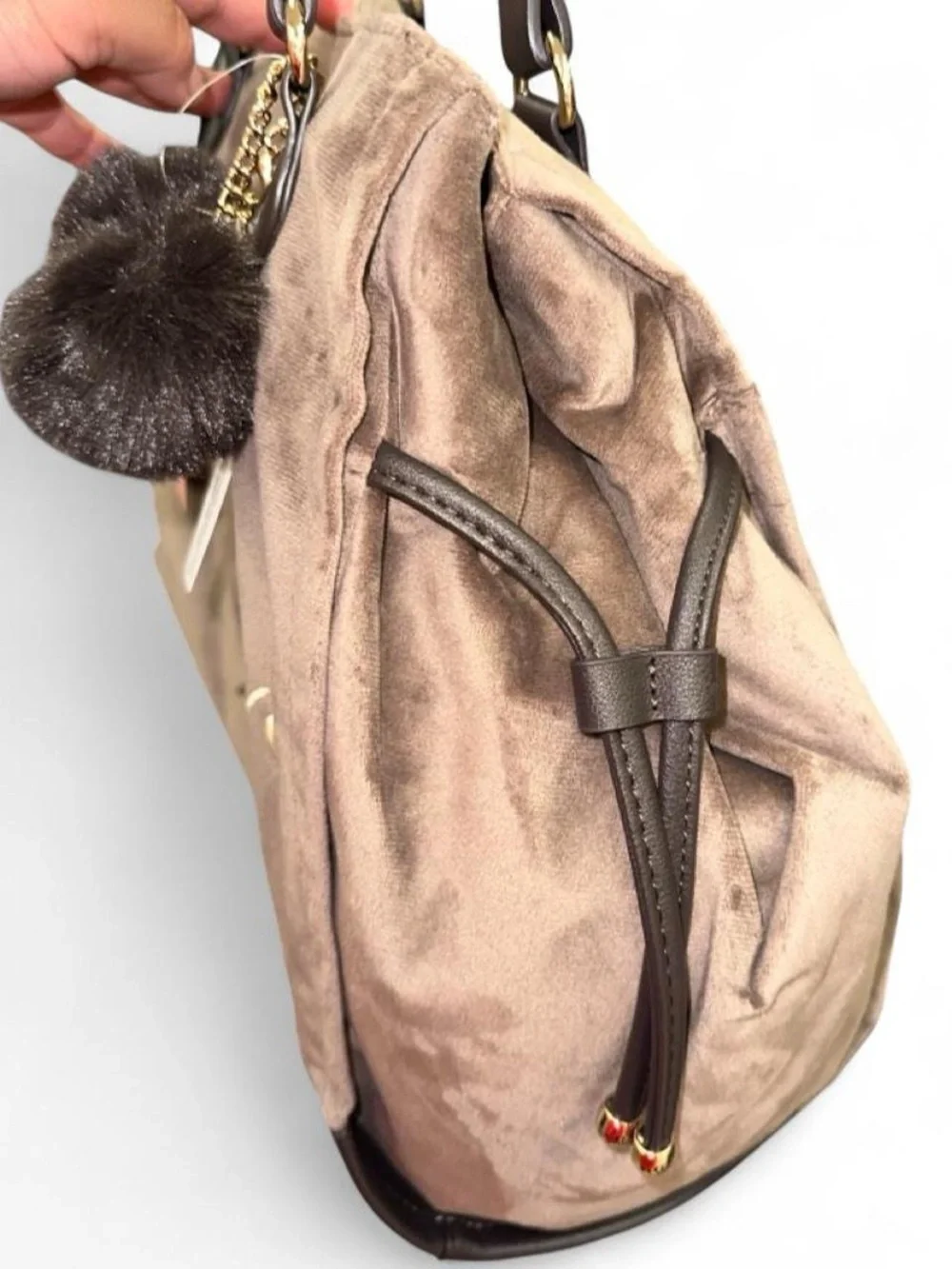 Juicy Couture Taupe and Dark Brown Tote with Pom-Pom Charm